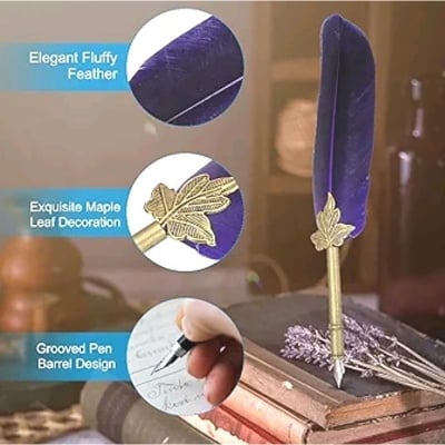Picture of Feather Pen, 9.4 Inch Vintage Quill Pen Feather Dip Pen for Writing Calligraphy Wedding Signature Guest, Purple (Multicolor)