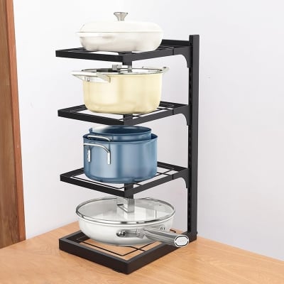 Picture of Pot Rack 4 Layers | Space Saving Corner Wall Mountable Pot and Pan Organizer for Kitchen Cookware | Adjustable Layer Heights | Heavy Duty Carbon Steel (Black) (Black)
