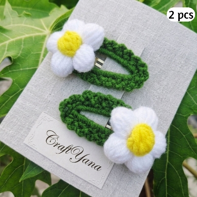 Picture of 2Pcs Handmade Crochet Daisy Flower Hair Clip for Girls - Premium women Hair Clips - white