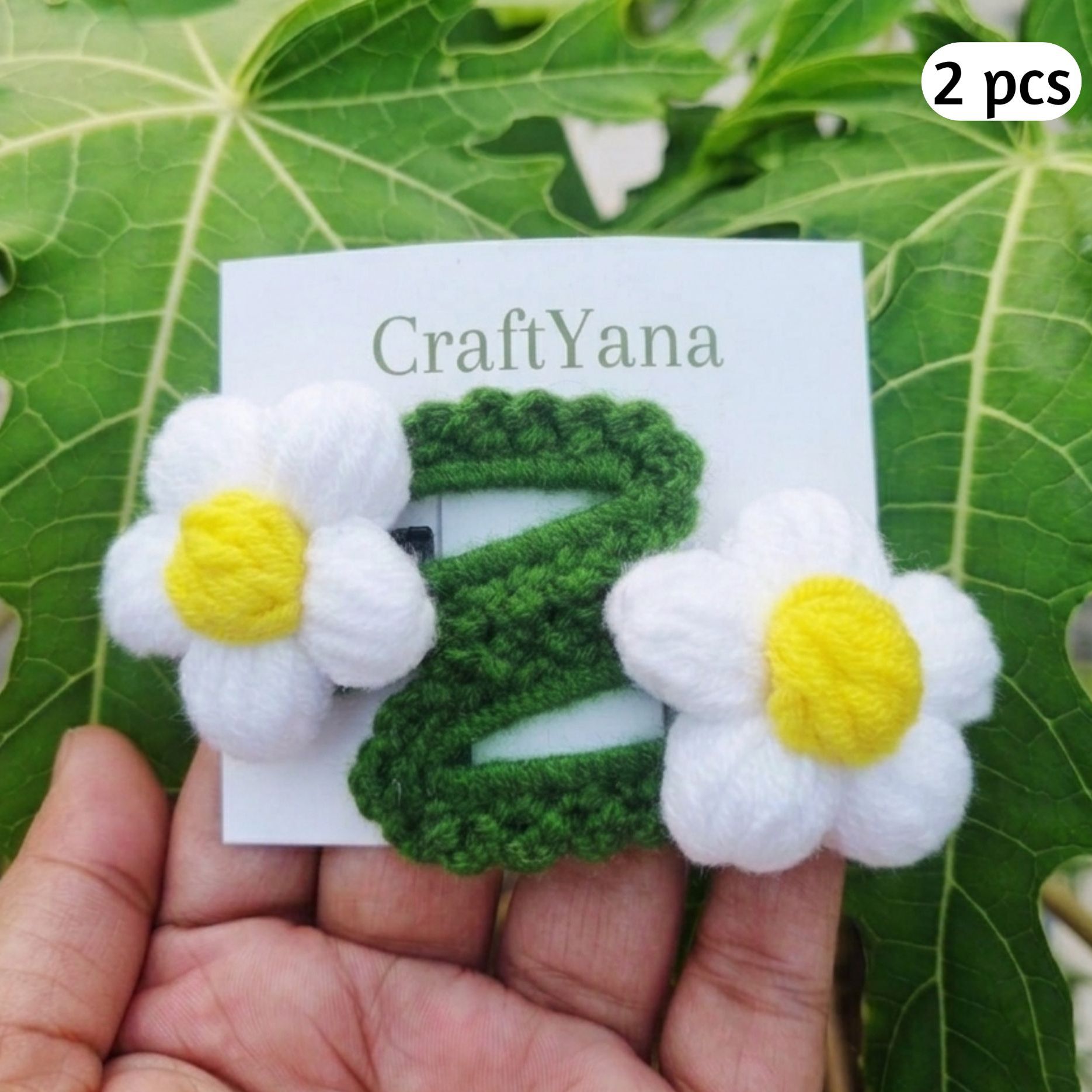 Picture of 2Pcs Handmade Crochet Daisy Flower Hair Clip for Girls - Premium women Hair Clips - white