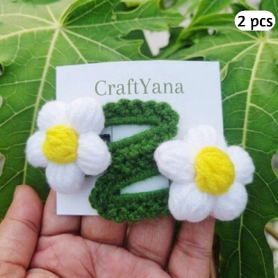 Picture of 2Pcs Handmade Crochet Daisy Flower Hair Clip for Girls - Premium women Hair Clips - white