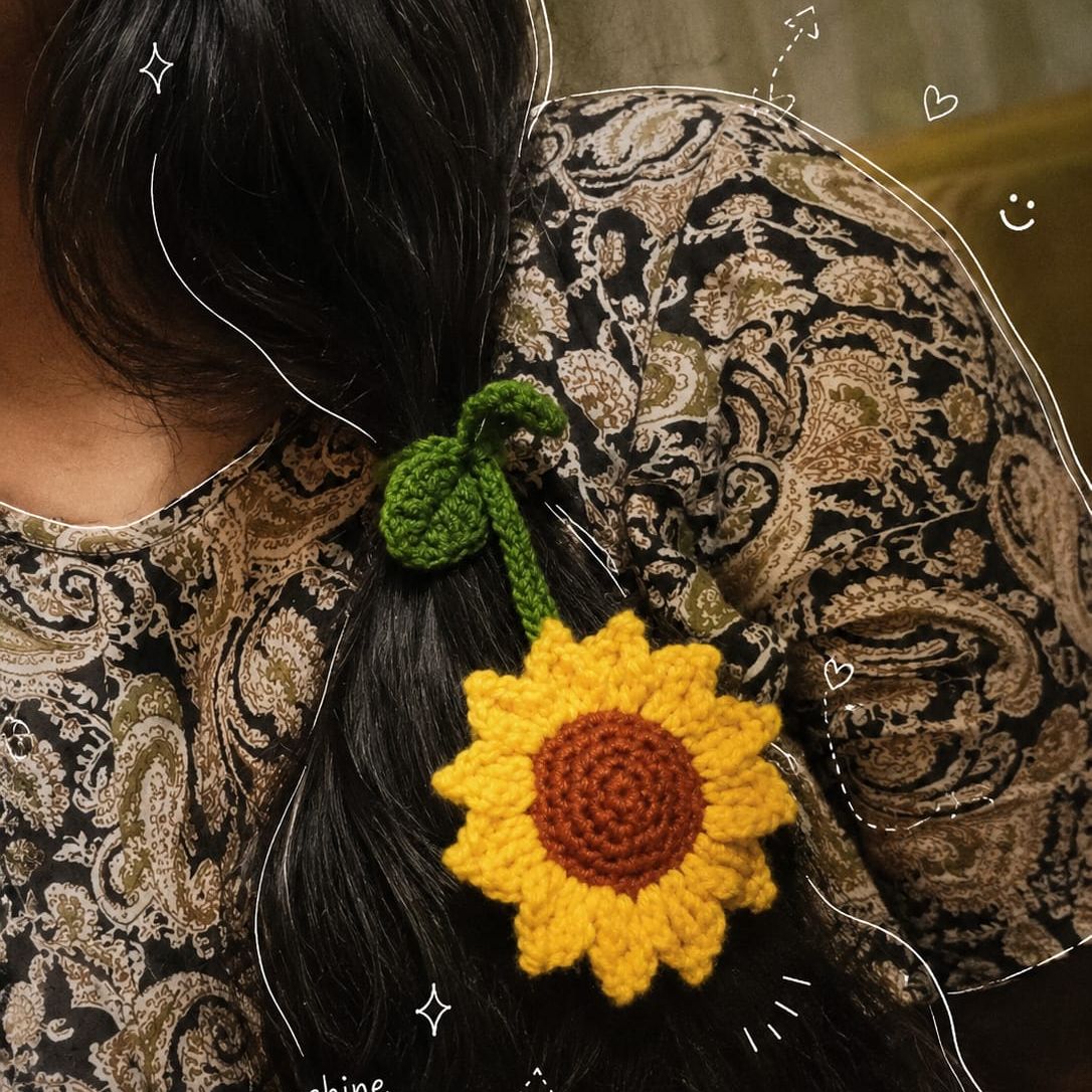 Picture of Sunflower Crochet Hair Tie Handmade | Floral Ponytail Holder | Bag Charm Keychain | Handmade Gift Accessory for Women | Woman Hair Items | CraftYana - yellow