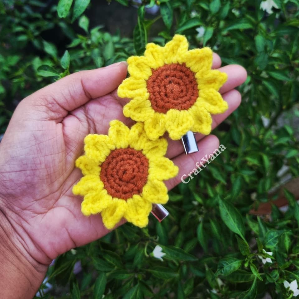 Picture of 1PC Handmade Crochet Sunflower Hair Clip | Knitted Floral Hair Pin | Cute Hair Accessory for Girls & Women | CraftYana - Yellow