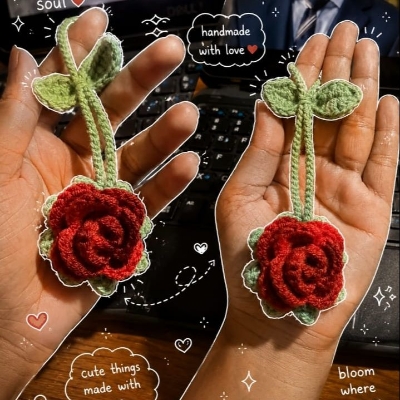 Picture of Handmade Crochet Rose Hair Tie | Floral Hair Accessory | Rose Bag Charm | Cute Keychain Pendant | Gift for Women & Girls | CraftYana - Maroon