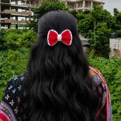 Picture of 1PC Handmade Crochet Bow Hair Clip | Cute Red White Knitted Hairpin for Girls & Women | Handmade Bow Hair Accessory | Aesthetic Ribbon Clip | Gift | CraftYana
