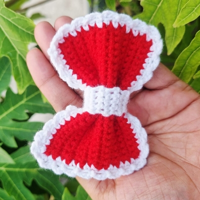 Picture of 1PC Handmade Crochet Bow Hair Clip | Cute Red White Knitted Hairpin for Girls & Women | Handmade Bow Hair Accessory | Aesthetic Ribbon Clip | Gift | CraftYana