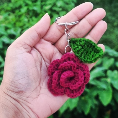 Picture of Handmade Crochet Rose Keychain | Floral Bag Charm & Bag Pendant | Cute Handmade Key Ring Accessory for Girls & Women | CraftYana - Maroon
