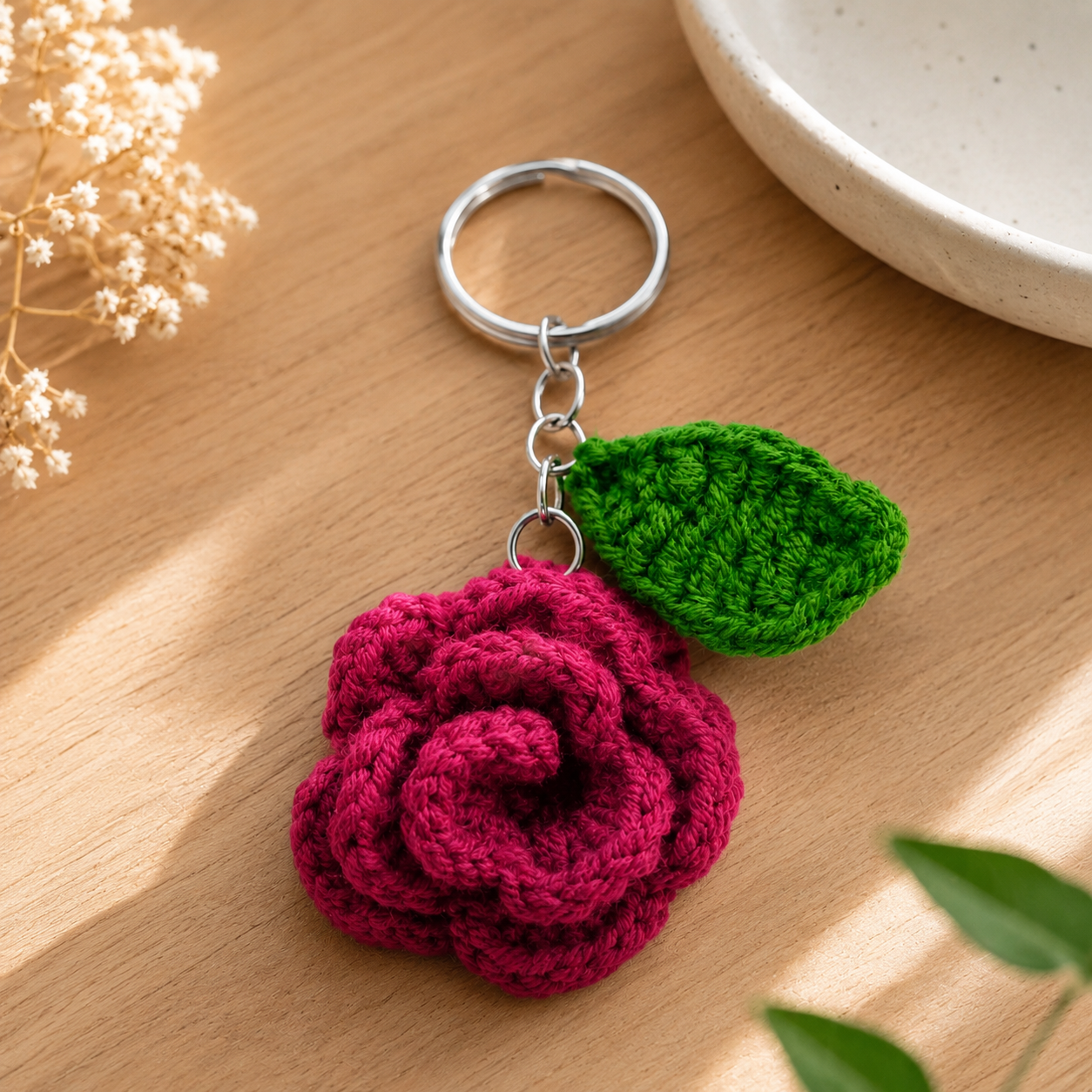 Picture of Handmade Crochet Rose Keychain | Floral Bag Charm & Bag Pendant | Cute Handmade Key Ring Accessory for Girls & Women | CraftYana - Maroon