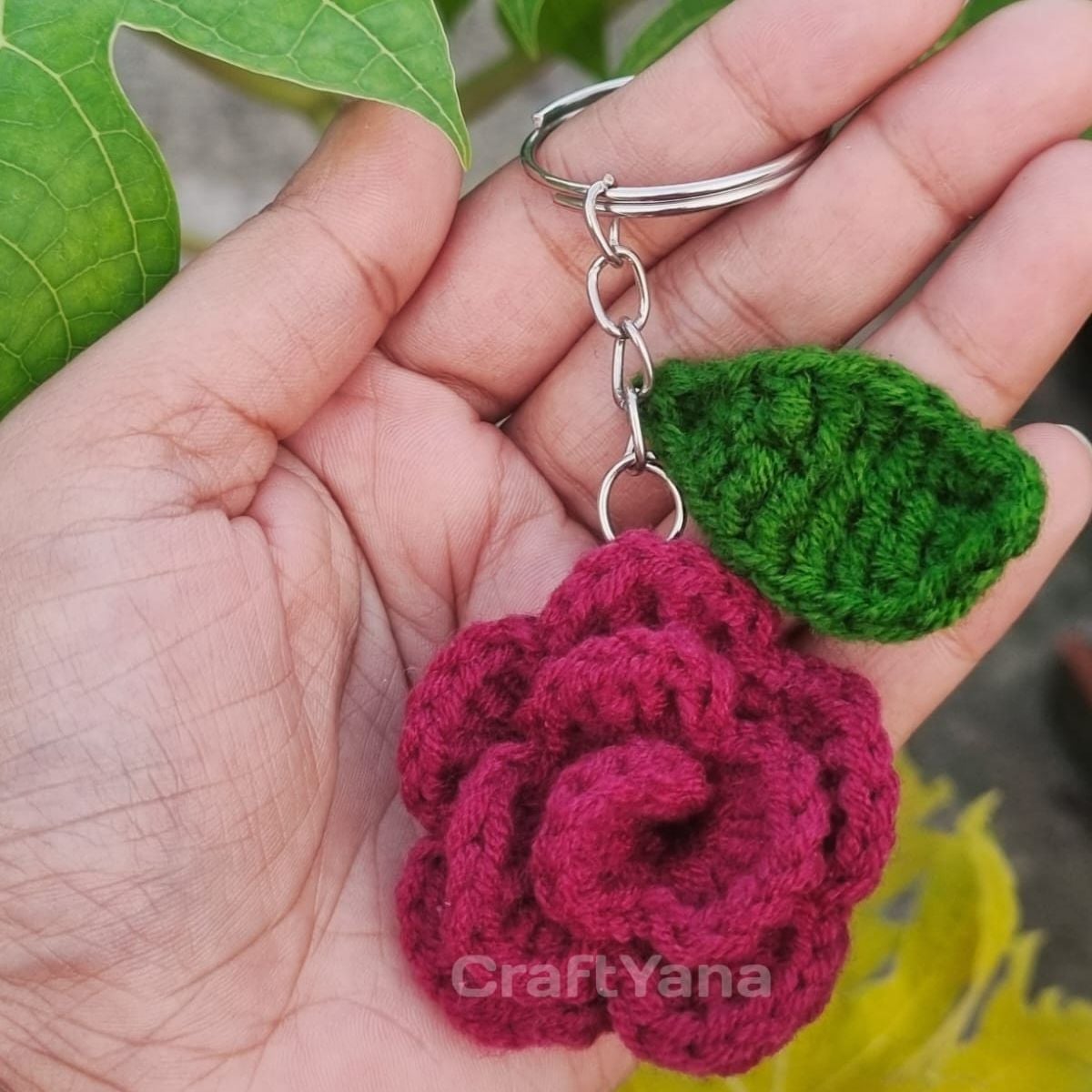 Picture of Handmade Crochet Rose Keychain | Floral Bag Charm & Bag Pendant | Cute Handmade Key Ring Accessory for Girls & Women | CraftYana - Maroon
