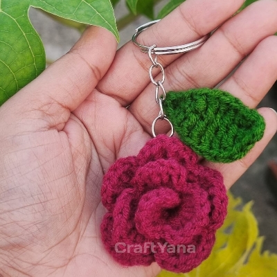 Picture of Handmade Crochet Rose Keychain | Floral Bag Charm & Bag Pendant | Cute Handmade Key Ring Accessory for Girls & Women | CraftYana - Maroon