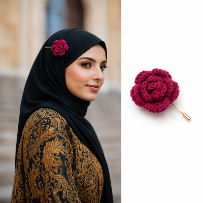 Picture of Handmade Crochet Rose Flower Brooch Pin | Floral Hijab Pin | Saree Brooch Safety Pin | Cute Knitted Fashion Accessory for Women & Girls | CraftYana - Rose