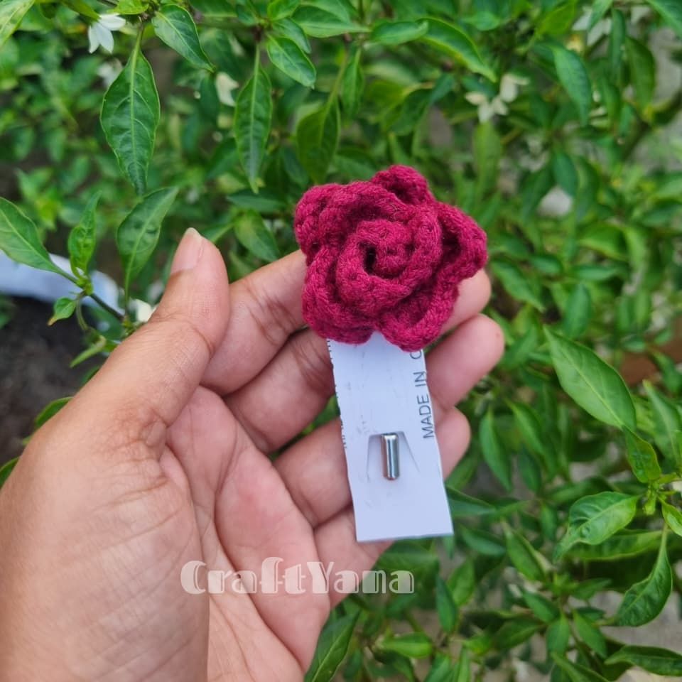 Picture of Handmade Crochet Rose Flower Brooch Pin | Floral Hijab Pin | Saree Brooch Safety Pin | Cute Knitted Fashion Accessory for Women & Girls | CraftYana - Rose
