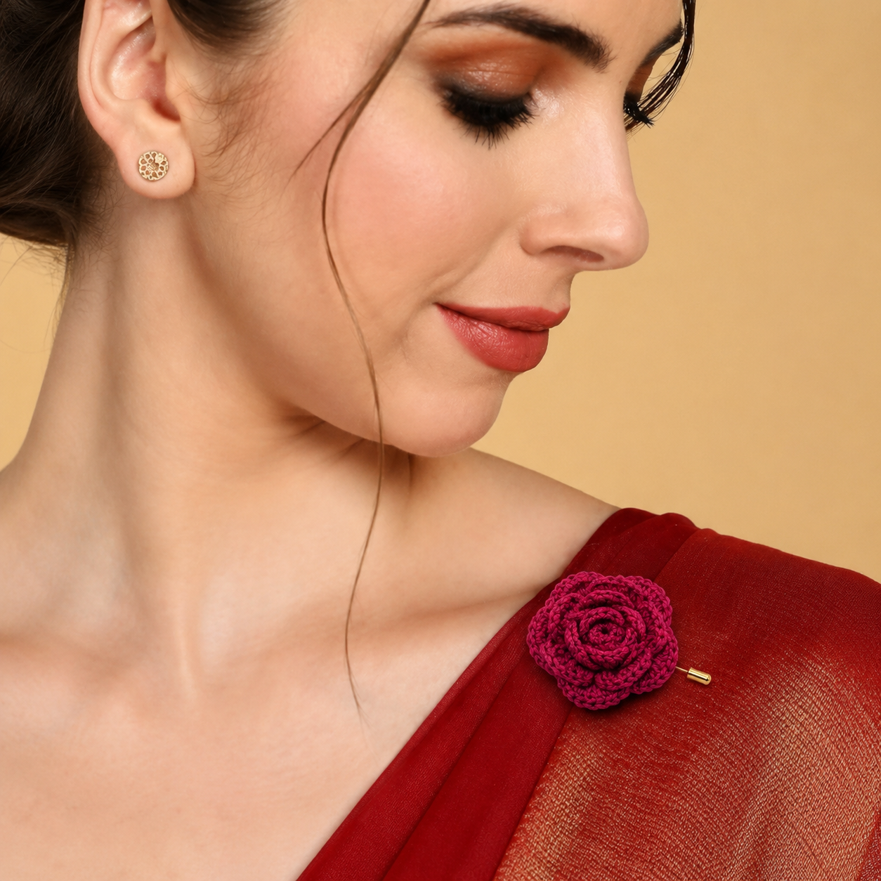 Picture of Handmade Crochet Rose Flower Brooch Pin | Floral Hijab Pin | Saree Brooch Safety Pin | Cute Knitted Fashion Accessory for Women & Girls | CraftYana - Rose