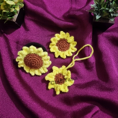 Picture of Handmade Crochet Daisy & Sunflower Flower Combo Set | Floral Hair Band Hair Clip Keychain Bag Charm Phone Charm Pendant | Cute Knitted Hair Accessory | Aesthetic Gift for Women Girls | CraftYana