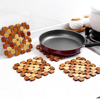 Picture of Wooden Placemat Insulation Pads Against Hot Desk Table Mats Coasters Hollow Wooden Pot Cup Mat Kitchen Accessories Heat Insulation Mat Brown 