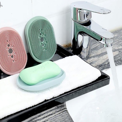Picture of Multifunctional Silicon body Brush cum soap case Multicolor 