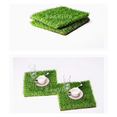 Picture of 2 Pcs Green Artificial Grass Table Heat Resistant Mat/Dish Coaster Drink Placemat Mat/ Table Mat Realistic Fake Turf Table Placemats Decor Golf Themed Spring Summer Party, Patio, DIY Crafts, 7 x 7 Inches, Green 