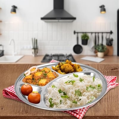 Picture of 1 PCS Stainless Steel Divided Plates Round Thali Plate, 4 compartment Thali, BPA Free, Diet Food Control, Camping Dishes, Compact Serving Platter, Dinner Snack, Silver 