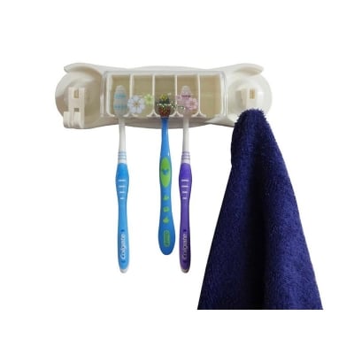 Picture of Strong Vacuum Sucker Toothbrush Holder with 2 Hooks for Towel Napkin Razor Tongue Multicolor 