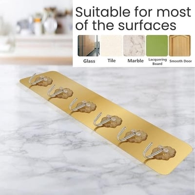 Picture of Self-Adhesive Wall Hook Sticker | Kitchen Organizer Hooks | Golden Wall Hanger for Hanging | Door Hooks Rail for Hanging Towel, Keys, Clothes, 6 Hooks (1) Multicolor 