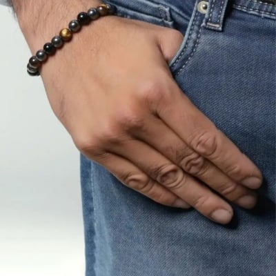 Picture of Beaded Triple Protection Tiger Eye Obsidian Hematite Men Stretchy Bracelet 1 Pcs Beaded Bracelets Tigers Eye Crystal Bracelet Hematite Beads & Black Obsidian Balance Bracelet Gifts for Women Men Friend - Bring Luck and Prosperity Multicolor 