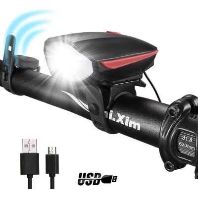 Picture of Bicycle Headlight & Horn 1400LM USB Rechargeable Waterproof 3 Lighting Modes Black 