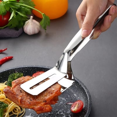 Picture of Stainless Steel Kitchen Tongs Food Bread Salad Tongs Fried Steak Turner BBQ Meat Tongs Clamp Food Serving Tongs Premium Stainless Steel Cooking Tongs with Thickened Handle for Cooking,Turning,Frying,BBQ,Double Sided Leakhole Silver 