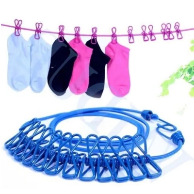Picture of Elastic Outdoor Clothesline Pants Laundry Drying Hanger Rope with 12 Clips Travel Camping Drying Clothes Hanger Multicolor 