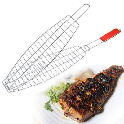 Picture of BBQ Barbeque Fish Grill Net Basket Silver Table Grill (BIG SIZE stainless steel handle type Fish Basket Holder Wooden Handle Rack Grilled Clip Net BBQ Helper Multicolor 