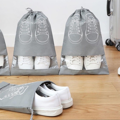 Picture of 2 pcs Drawstring Travel Shoe Storage Pouch Dust-proof Shoe Bags Organizer with Transparent Window Grey 