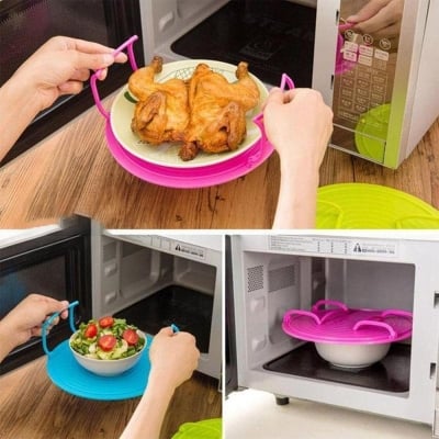 Picture of Microwave Micro Oven Platter Serving Tray Shelf Plastic Foldable Lid Multicolor 