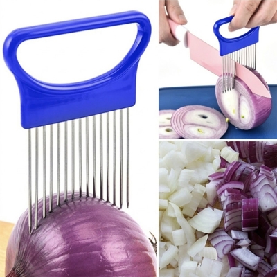 Picture of 1 Pieces Onion Holder for Slicing, Vegetable Tomato Holder Slicer Cutter for Kitchen Worker Safety Cooking Tools,Onion Cutter for Slicing, Potato Lemon Slicer Tomato Slicers Kitchen Comb for Vegetables, Fruit and Meat Multicolor 