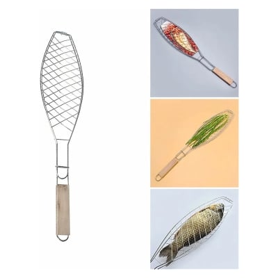 Picture of 1Pcs Fish Grill Basket, Folding Portable Stainless Steel Fish Grill Basket for Roasting Fish Silver 