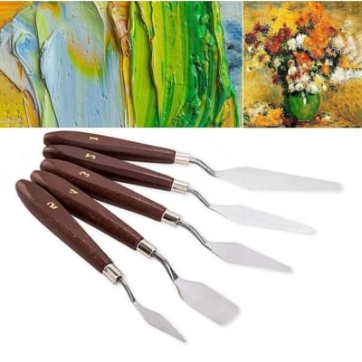 Picture of 5pcs Palette Painting kit ,Stainless Steel Spatula Palette tools set Oil Painting Accessories for Oil, Canvas, Acrylic Painting Brown 