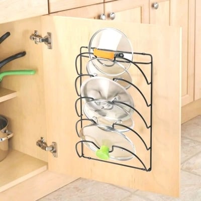 Picture of Metal Wire Pot and Pan Lid Rack Organizer for Kitchen Cabinet Doors or Wall Mount - Upright Storage Holder with 5 Slots - Black 