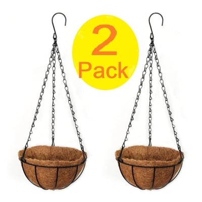 Picture of 2 Pcs Hanging Planters Coco Liners Basket Metal Round Chain Wall Planters Garden Lawn Outdoor Brown 