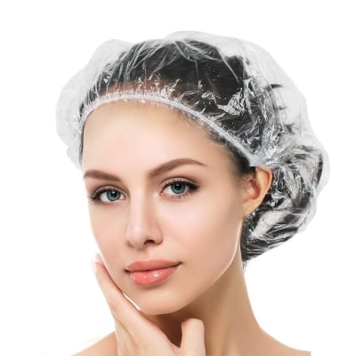 Picture of 25 Pcs Disposable Shower Caps, Plastic Clear Hair Cap Large Thick Waterproof Bath Caps for Women, Hotel Travel Essentials Accessories Deep Conditioning Hair Care Cleaning Supplies(20.5")  