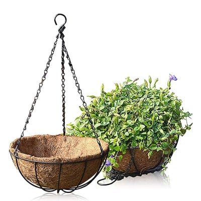 Picture of Metal Hanging Basket With Coco Liner & Hanging Chain Planter Flower Tub Pot Metal Hanging Planter Basket with Coco Coir Liner Round Wire Plant Holder with Chain Black 