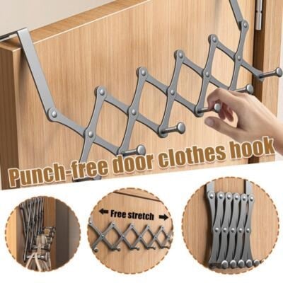 Picture of Sturdy Over The Door Hook Hanger, Expandable Door Clothes Hanger with 6 Hooks for Bathroom Bedroom Living Room, Metal Stainless Steel Coat Hanger for Clothes Robes Hats Belt Bag Towels Silver 