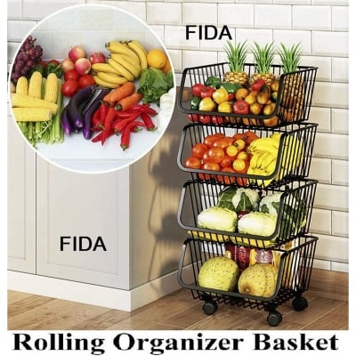 Picture of Metal Wire Basket with Wheels Stackable 4 Layers for Vegetables Snacks Household Items Multicolor 