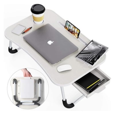 Picture of Study Desk table with drawer for Bed Portable Laptop Tray Table Stand Reading Holder with Foldable Legs, Storage Drawer, Cup Holder White 