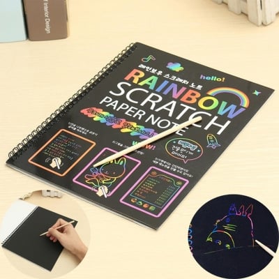 Picture of Scratch Art Paper Black Magic Rainbow Painting Boards Colorful Notebooks with Wooden Stylus Black 