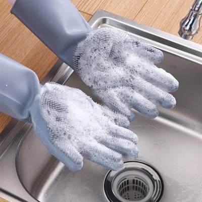 Picture of 2pcs Silicone Cleaning Gloves Magic Silicone Dish Washing Gloves for Kitchen Household Silicone Dishwashing Gloves Blue 