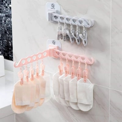 Picture of Cloth Hanger Adhesive Multi-Function Hanger With Clip Wall Mounted Foldable Drying Racks Multicolor 