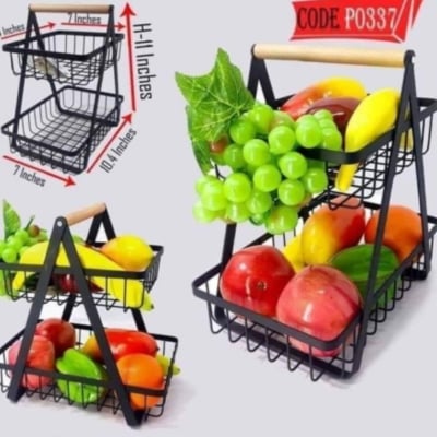 Picture of 2-Tier Countertop Fruit Basket with Wooden Handle for Kitchen and Dining Room, Fruit Bowl Vegetable Bread Holder Storage Display Black 