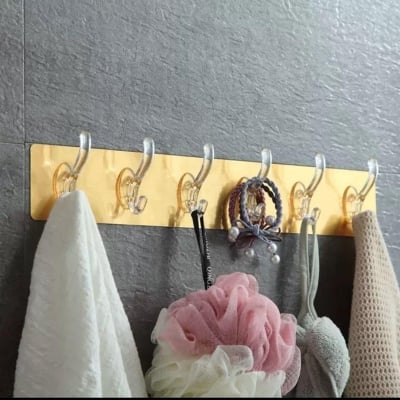 Picture of Double Face 6 Hook Flexible Gold Hook Hanger Stylish Magic Adhesive Hangers Hooks Strong Self Adhesive Detachable Wall Hanger for Home Kitchen Office Bathroom Bedroom Black 