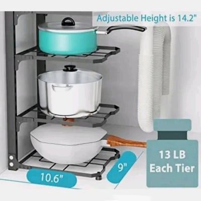 Picture of Kitchen Organization And Storage Pot Rack For Kitchen Organizer Adjustable Pots Shelves Countertop Under Sink Dishes Black 