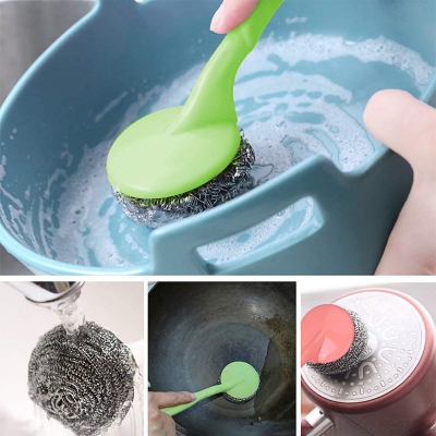 Picture of 8 Pcs stainless steel Scrubber Long Handle Replaceable Cleaning Washing Brush Multicolor 