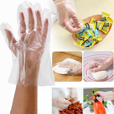 Picture of 100 PCS Disposable Food Prep Gloves - Plastic Food Safe Disposable Gloves Transparent for Food Handling, Kitchen Cooking Cleaning, Crafting, Hair Coloring, One Size Fits Most  