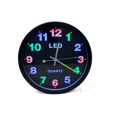 Picture of 3-Color LED stainless steel frame wall clock analog LED clock  Wall Clock 26 cm Diameter Illuminated with Colourful LED Dial Lighting and Quartz Movement (Smooth, Analogue, Quiet, No Ticking) Multicolor 